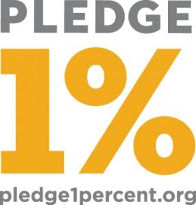 Text reading 'PLEDGE 1%' with a website URL pledge1percent.org underneath.