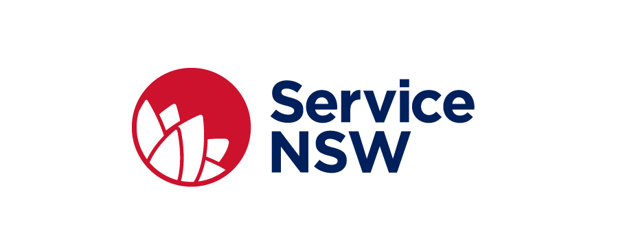 Logo of Service NSW with a red circle containing a white abstract shape and the words 'Service NSW' in blue.